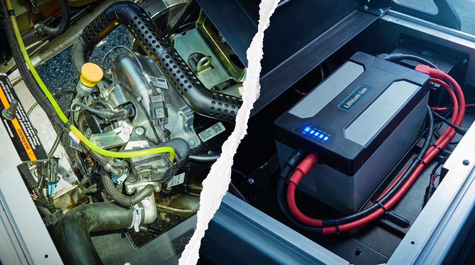 Split comparison of a Club Car gas engine versus a lithium-ion battery pack