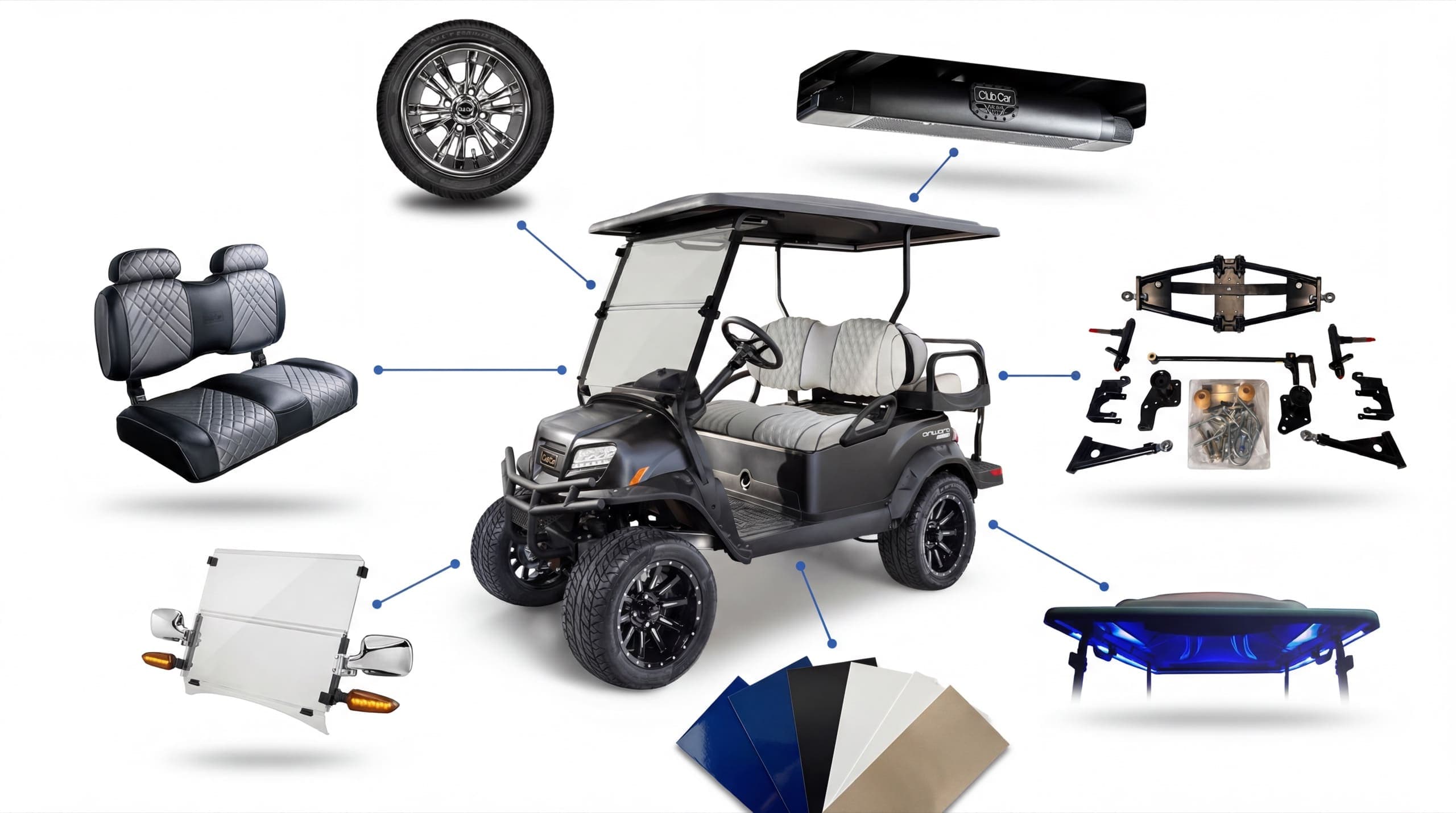 Matte graphite lifted Club Car Onward surrounded by real upgrade options: bright chrome wheels and all-terrain tires, 4-inch lift kit, premium sound bar, diamond-stitched seats, LED accent lighting, DOT-approved windshield with mirrors and turn signals, and paint and wrap color choices