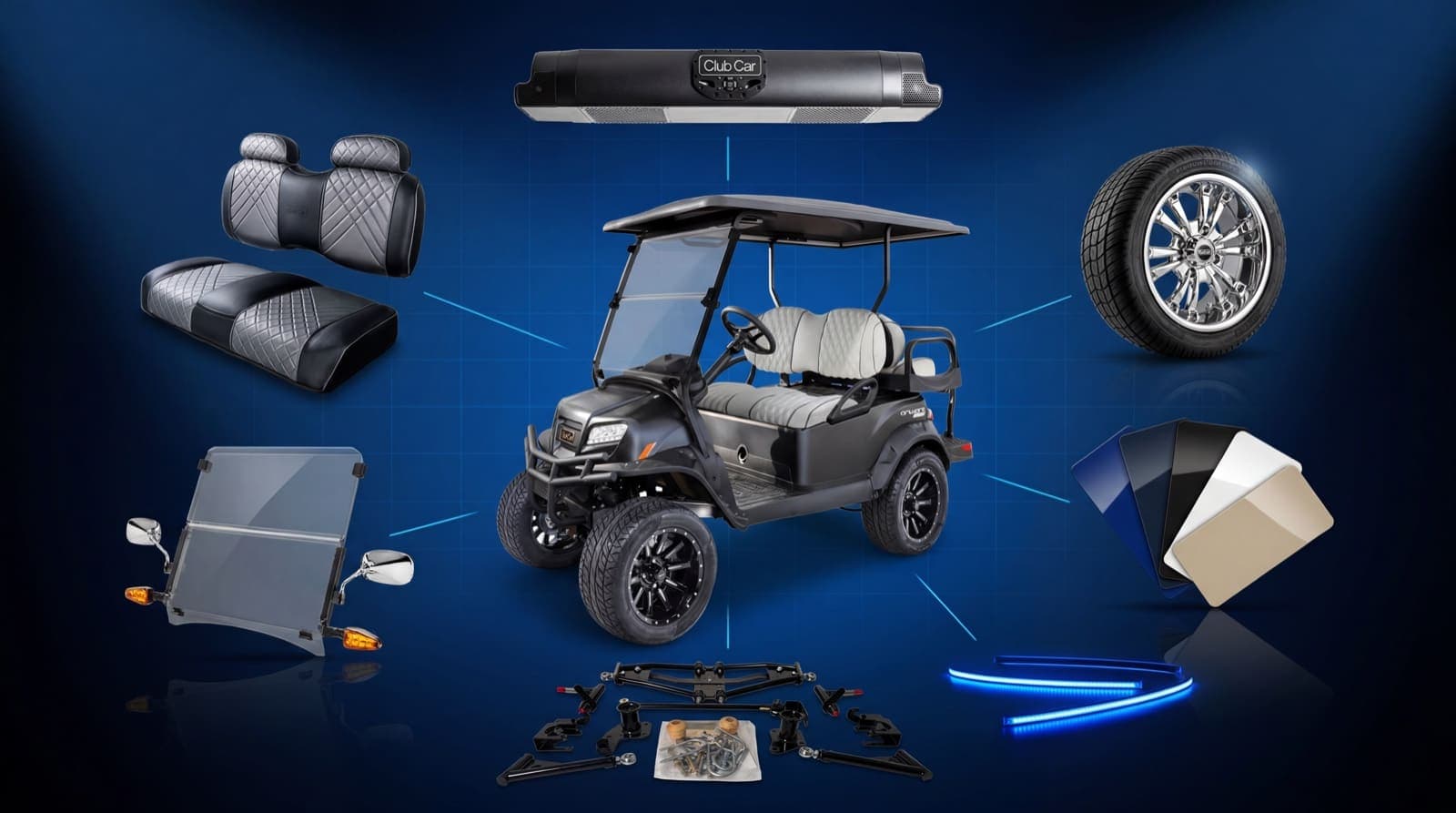 Custom Club Car Onward build with bright chrome wheels, lift kit, sound bar, premium seats, LED lighting, windshield, and paint and wrap options