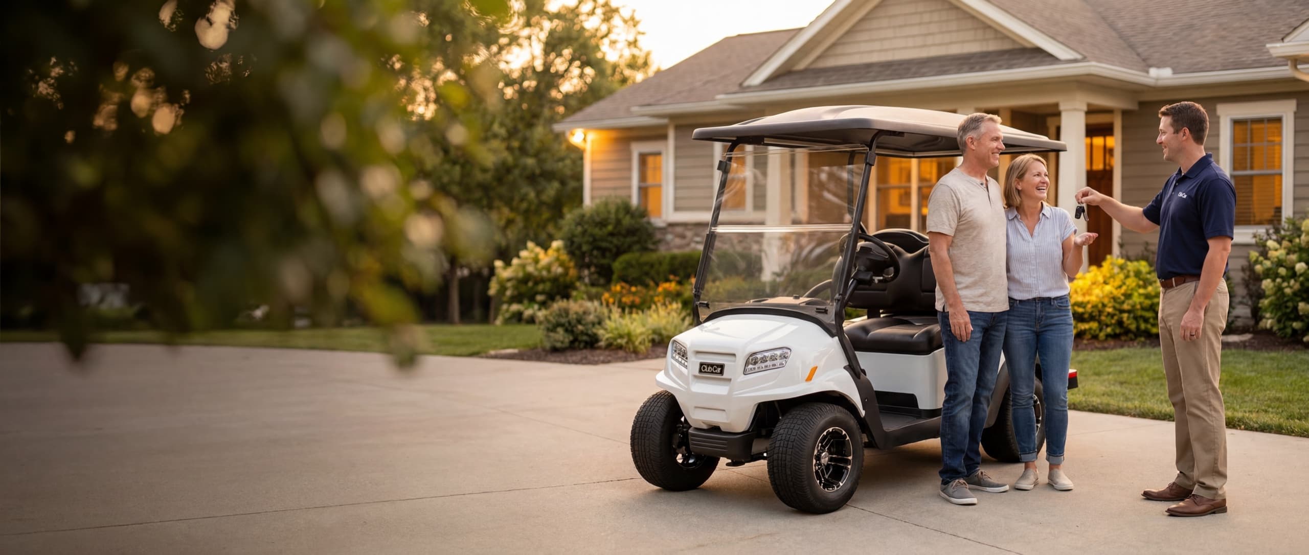 A MOR Golf rep handing keys to a happy couple beside a new white Club Car in a suburban driveway