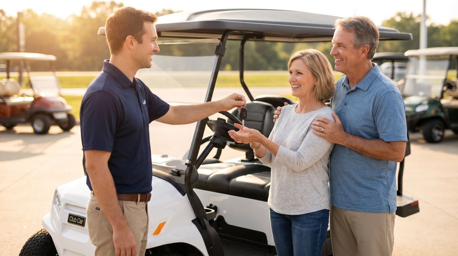 MOR team member handing the keys of a new white Club Car Onward to a happy couple