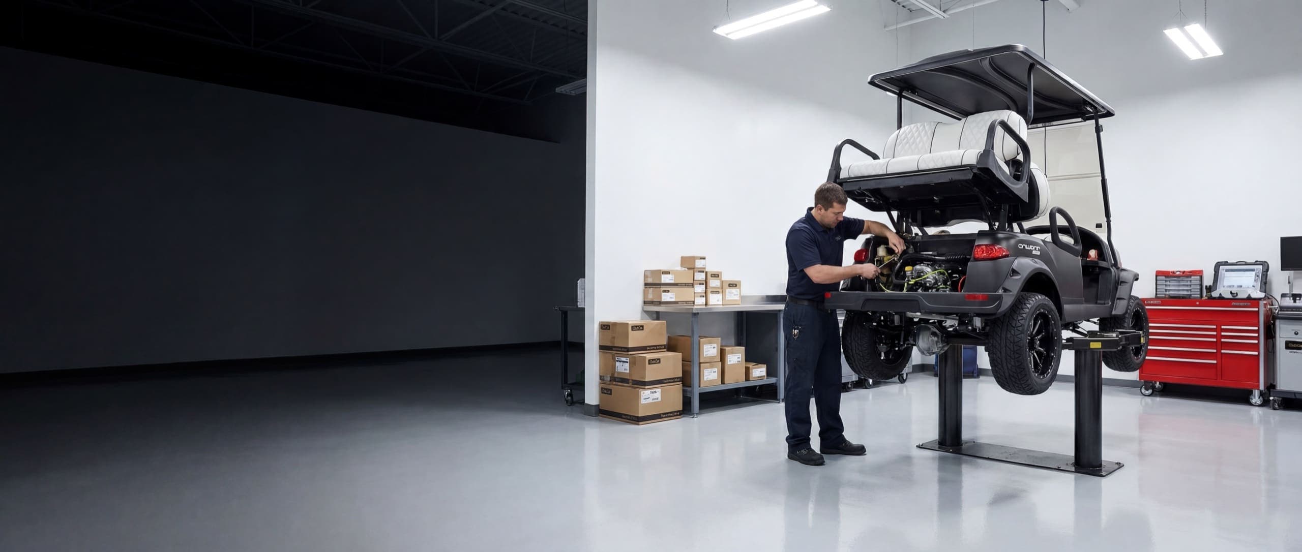 A MOR Golf technician servicing a Club Car golf cart on a lift in the Lakeville shop