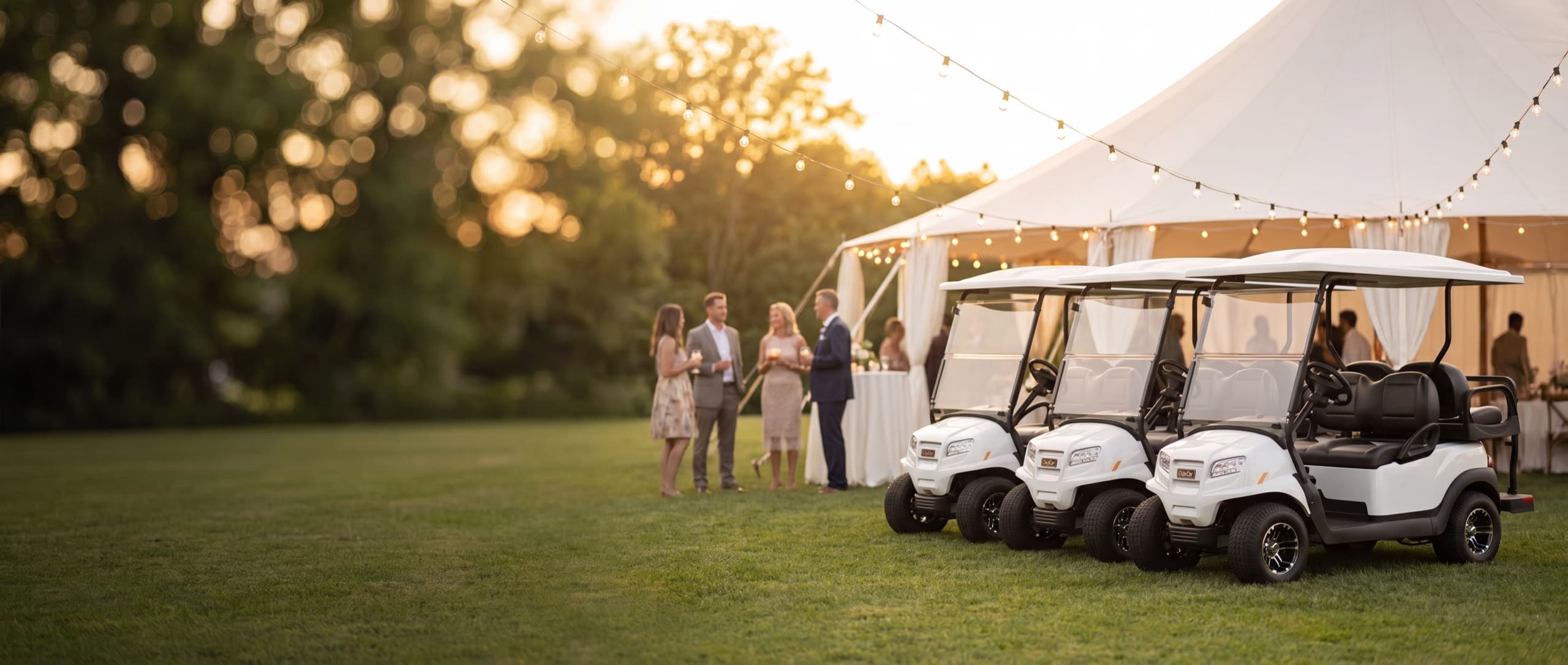 A fleet of white Club Car golf carts staged beside an elegant event tent at golden hour
