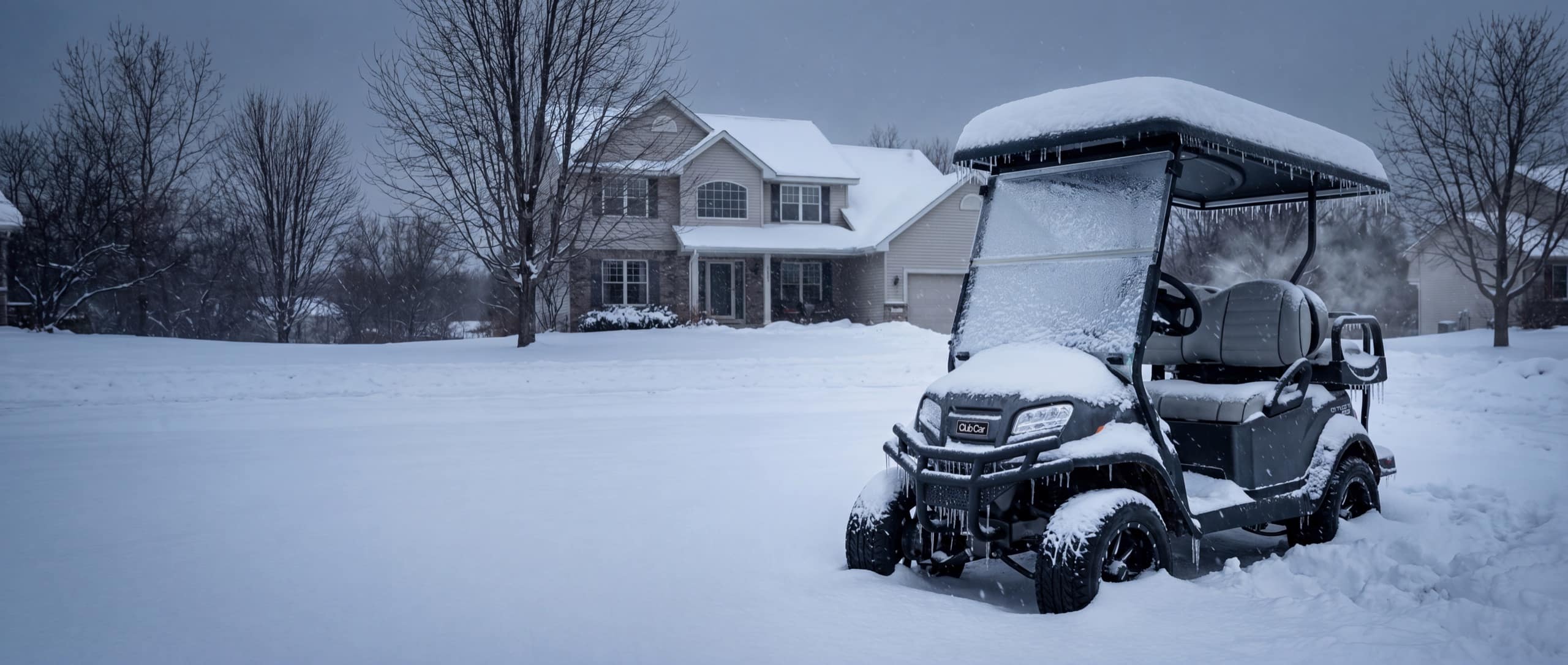 A Club Car golf cart left outside, buried in snow and ice beside a Lakeville home in the dead of winter